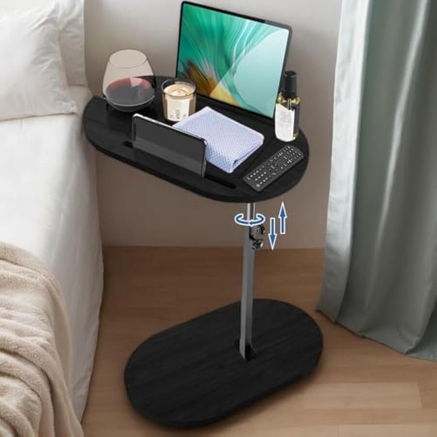 360 ° draaibare bijzettafel woonkamer bamboe C-vormige bijzettafel moderne salontafel met lifttop voor woonkamer slaapkamer badkamer (zwart)