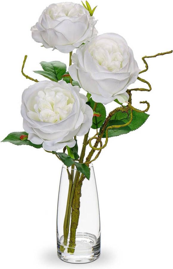 38 cm kunstbloemen zijde met glazen vaas witte kunstroos zijde kunstbloemen plastic bloemen roos in vaas realistische bloemen zijde in pot voor woonkamer kantoor decoratie tafel keuken