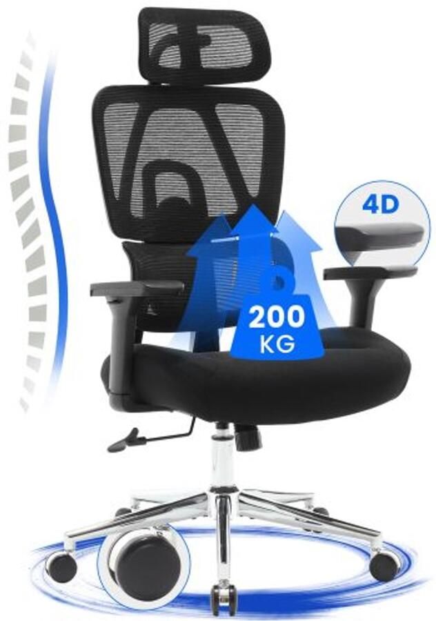 3D ergonomische bureaustoel 200 kg Grote en hoge bureaustoel met 3D zacht kussen 4D armleuningen bureaustoel Mesh bureaustoel voor thuis en op kantoor Ademende mesh directiestoel