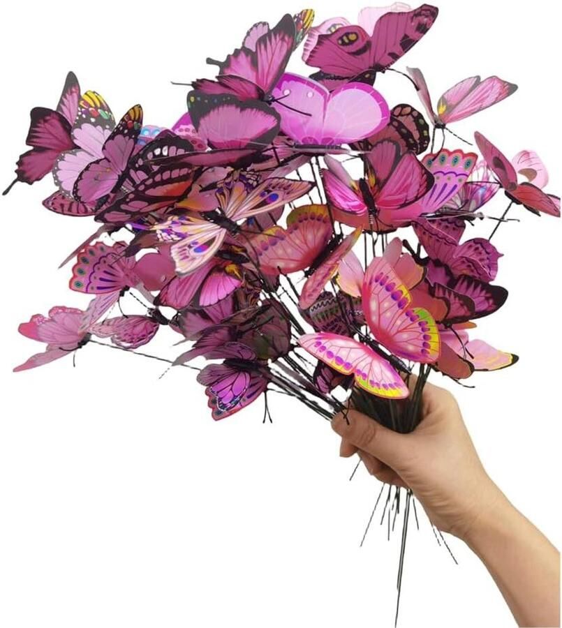 3D Vlinder Tuin Spel Decor 10 Inch PVC Vlinder Tuin Decor Voor Buiten Schudkop Kunstmatige Vlinders Voor Boeket Buiten Muur Gazon Pad Plant Pot Bloem Bed 50 Roze