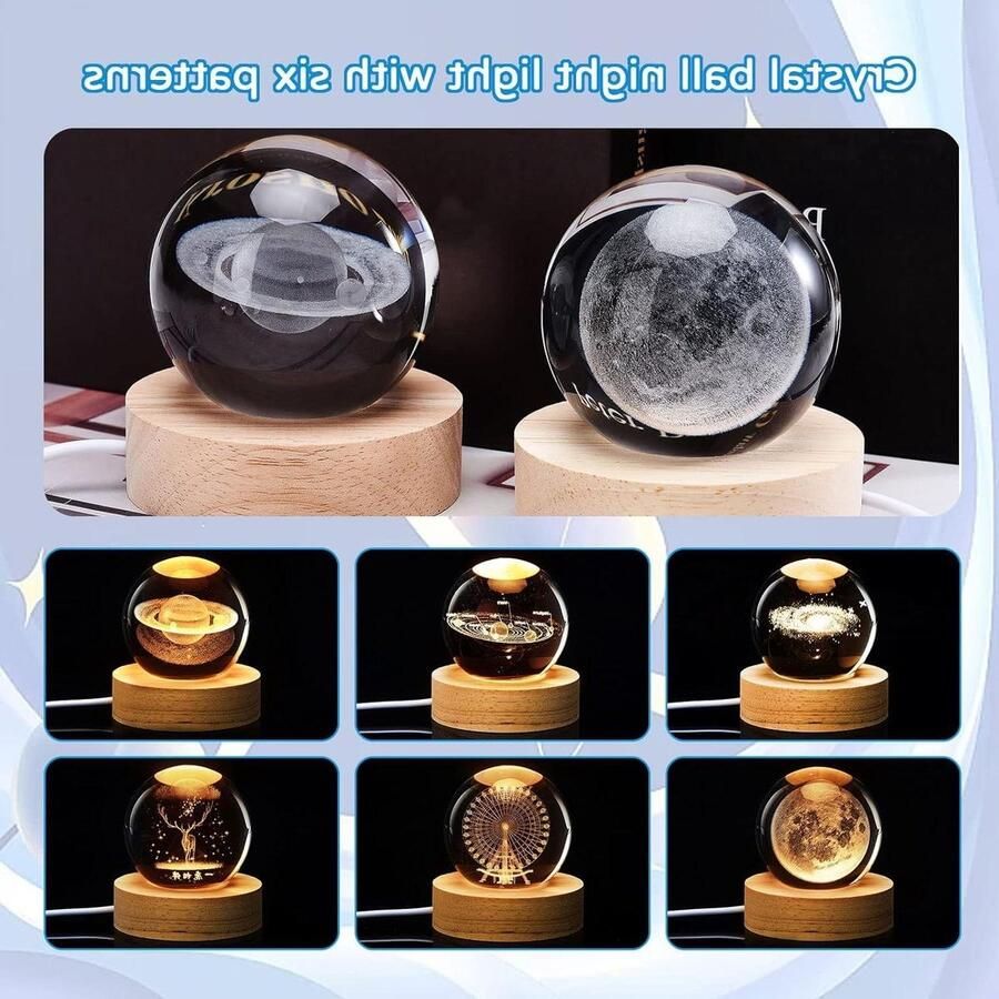 3D Zonnestelsel Kristallen Bal Nachtlicht met Houten Basis Fantasie Decor LED Lamp Kinderen Slaapkamer Decoratie Ruimtethema Cadeau