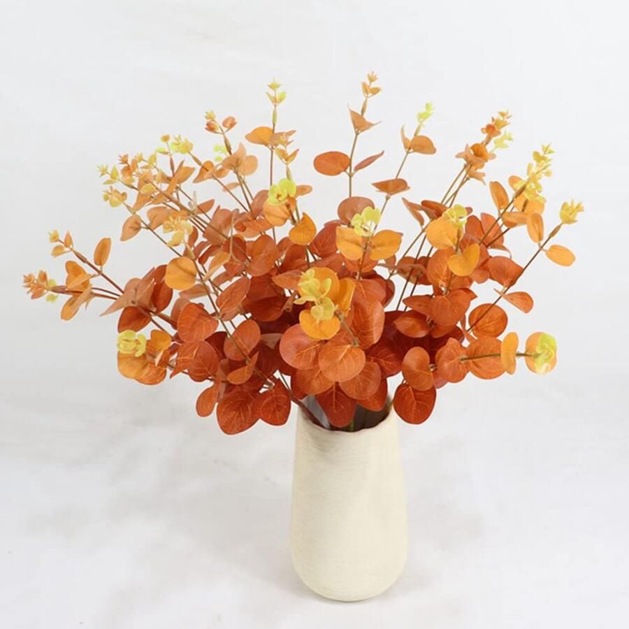 3Pcs Artificial Eucalyptus Leaves Branches Autumn Wedding Bouquet Centerpiece for Thanksgiving Halloween Decor Dining Table Centerpieces Decor (Orange)