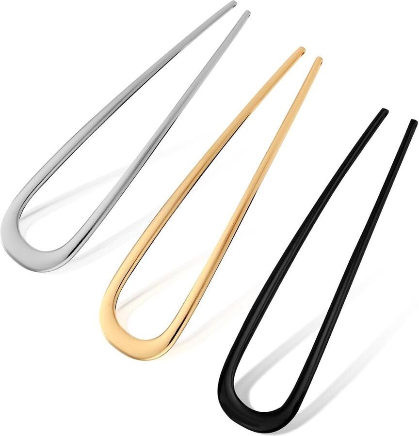 3pcs Simple U-Shaped Hairpin Fashionable French Hairpin Metal 2 Pointed Hairpin Twist Hair Fork Styling Accessories voor Vrouwen (Zwart Goud Zilver)