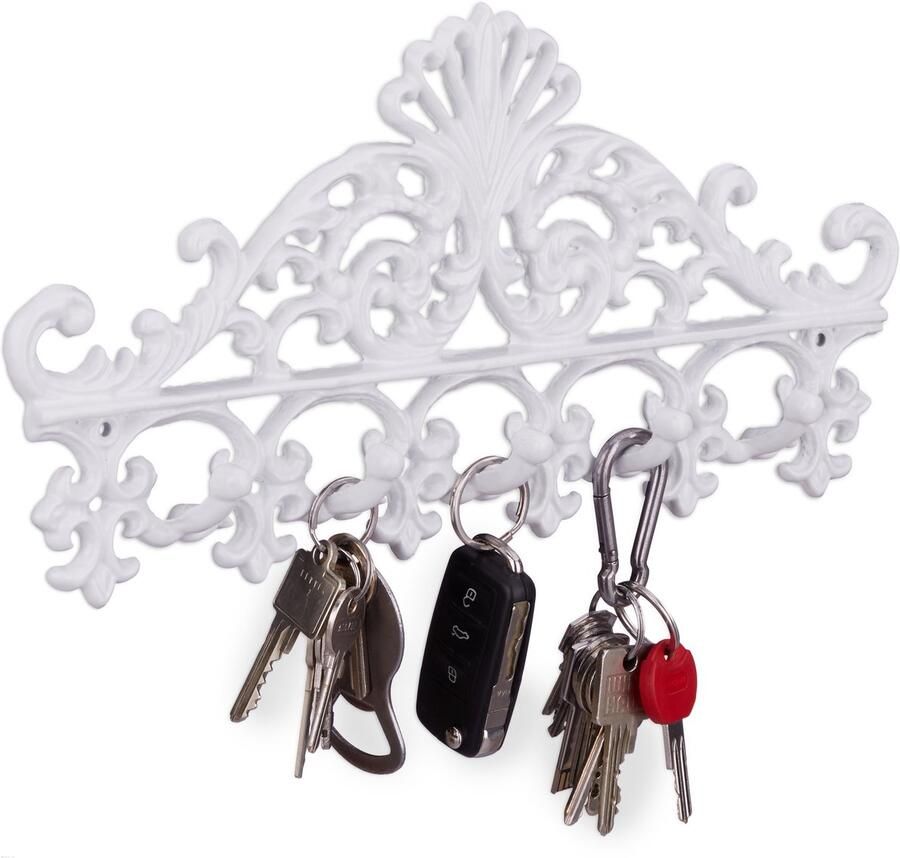 Relaxdays 3x wandkapstok gietijzer sleutelrekje met 5 haken witte muurkapstok antiek