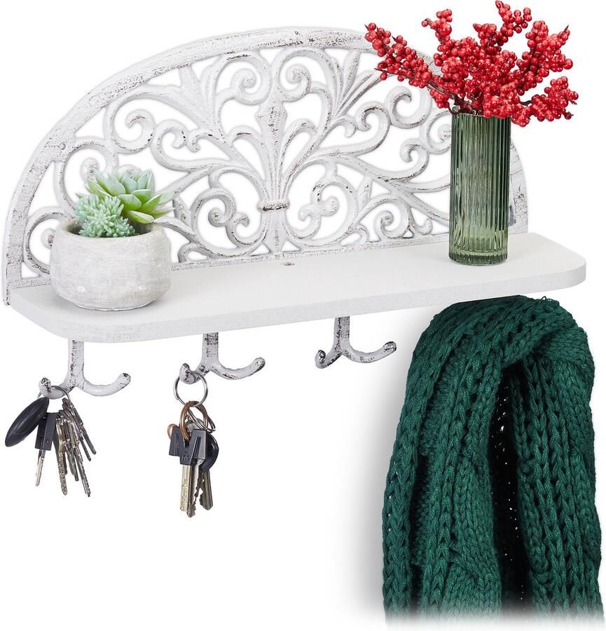 Relaxdays 3 x wandkapstok sleutelrekje kapstok muur muurhaken met plank wit