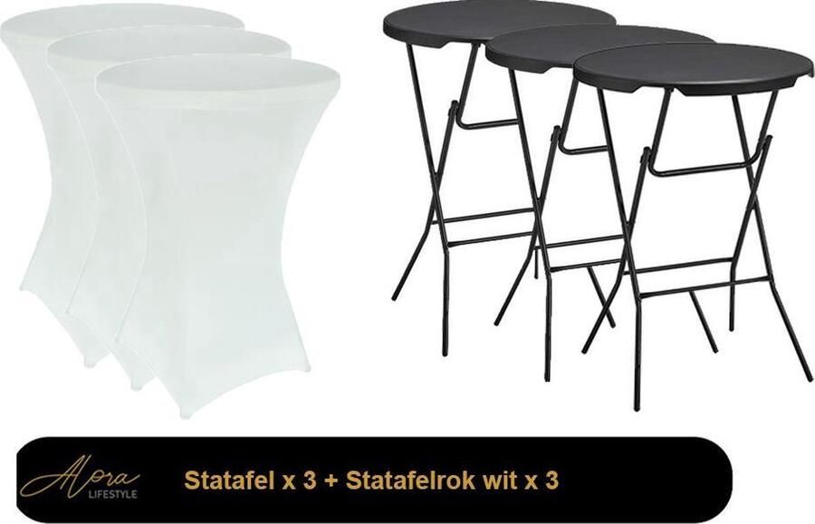 3x zwarte Statafel + Witte Statafelrok x 3 – 80 cm Dia x 110 cm hoog – Cocktailtafel Hoge staan tafel Breed Blad Inclusief witte Statafelhoes Staantafelrok Stretch Bartafel rond Sta tafel Horeca