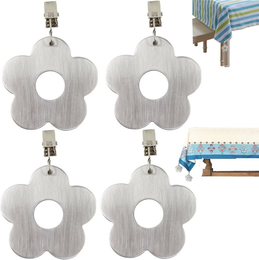 4 bevestigingsclips tafelkleedklemmen van roestvrij staal servetklemmen in de vorm van bloemen picknicktafelkleedhouders geschikt voor thuis keuken bruiloft feest picknick (7*6 8 cm zilver)