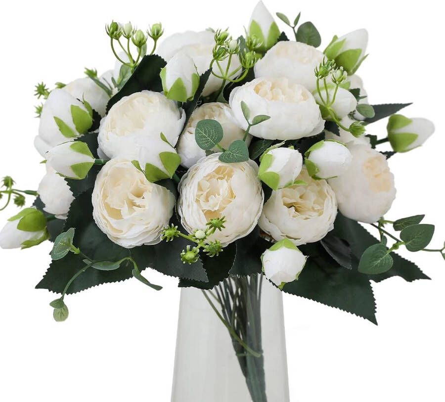 4 bundels kunstbloemen pioenzijde zijde pioenboeketten nepbloemen boeketten bruiloft decoratie thuis tafel keuken kantoor tuin bruids groen (wit)