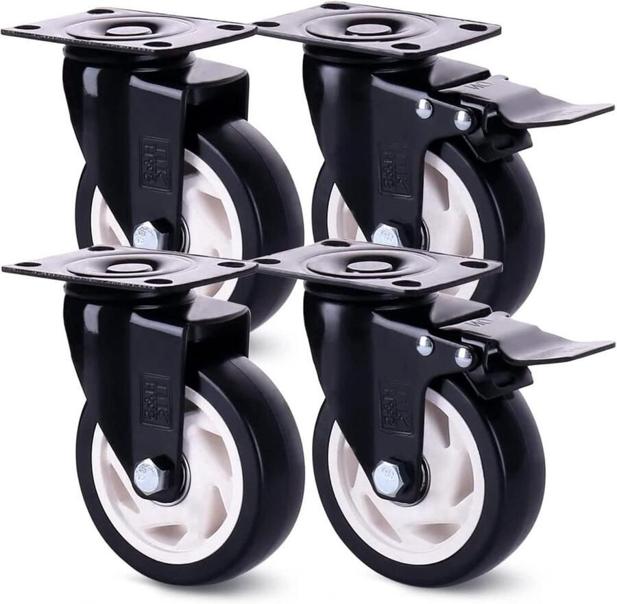 4 Castor Wielen Heavy Duty 600KG 100mm PU Rubber Swivel Trolley Meubels Caster met Remmen Zwart