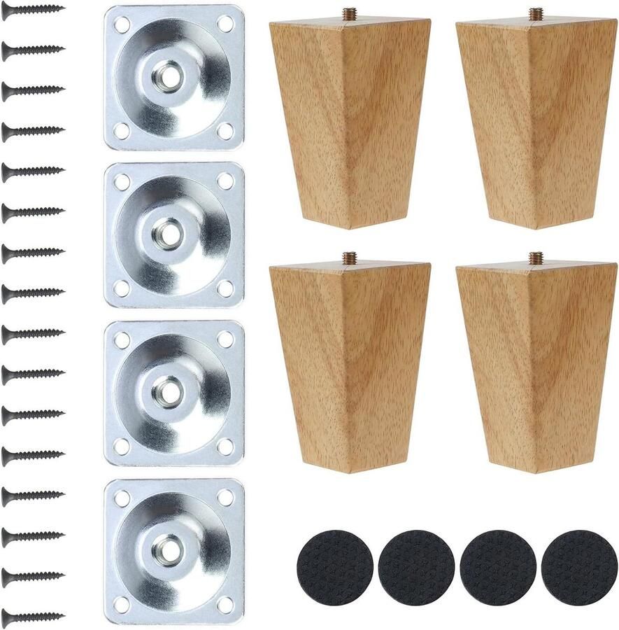4 delige 10 cm massief eiken meubelpoten voor stoelen kasten banken en bedden met monteerplaten schroeven en viltglijders (Rechte voet)