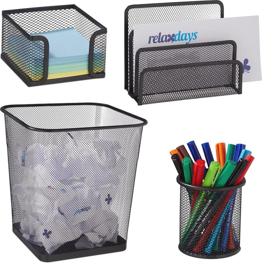 4-delige bureau organizer set met pennenbak en metalen houder zwart