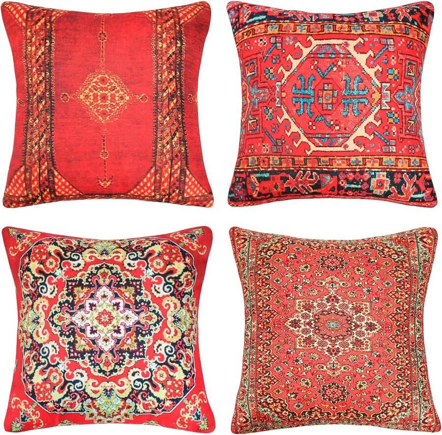 JGS 4-delige decoratieve kussenhoezen 45 x 45 cm Turks antiek Oosterse tapijt kussensloop linnen vierkante decoratieve kussenhoezen etnische wooncultuur outdoor slaapkamer bank woonkamer rood