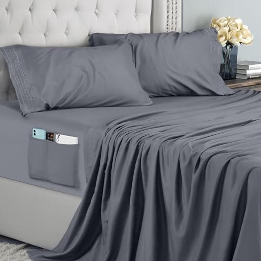 4-delige Geborduurde Lakenset voor Bed 135 x 190 cm Grijs Microvezel Polyester