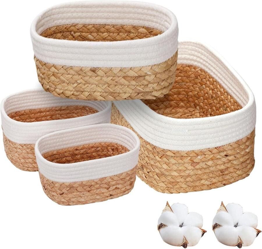 4-delige gevlochten opbergmandenset van waterhyacint en katoen badkamer opslag en organizer voor keuken badkamer of slaapkamer