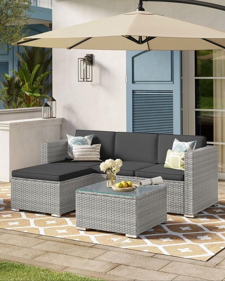 Rootz Living Rootz 4-delige grijze PE-polyrotan bankstel tuinmeubilair terrasset VFT-vulling gepoedercoat staal gehard glas 173 cm x 60 cm x 66 cm