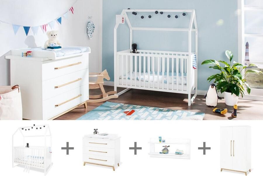 Rootz Living Rootz 4-delige kinderkamerset 'Hilda & Riva' Babykamermeubel Kinderslaapkamerset Massief grenen & MDF Wit Bed 147x82x175cm Kledingkast 115x58x193cm