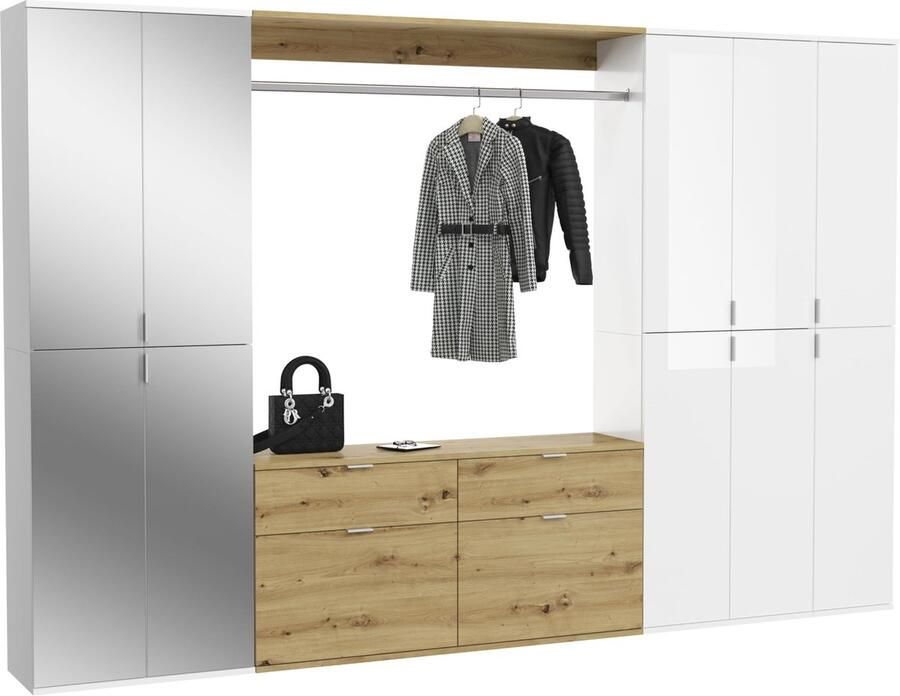 Rootz Living Rootz 4-delige kledingkastcombinatie Wit Glans Spiegel Artisan Oak Opbergruimte 273 cm x 193 cm x 34 cm
