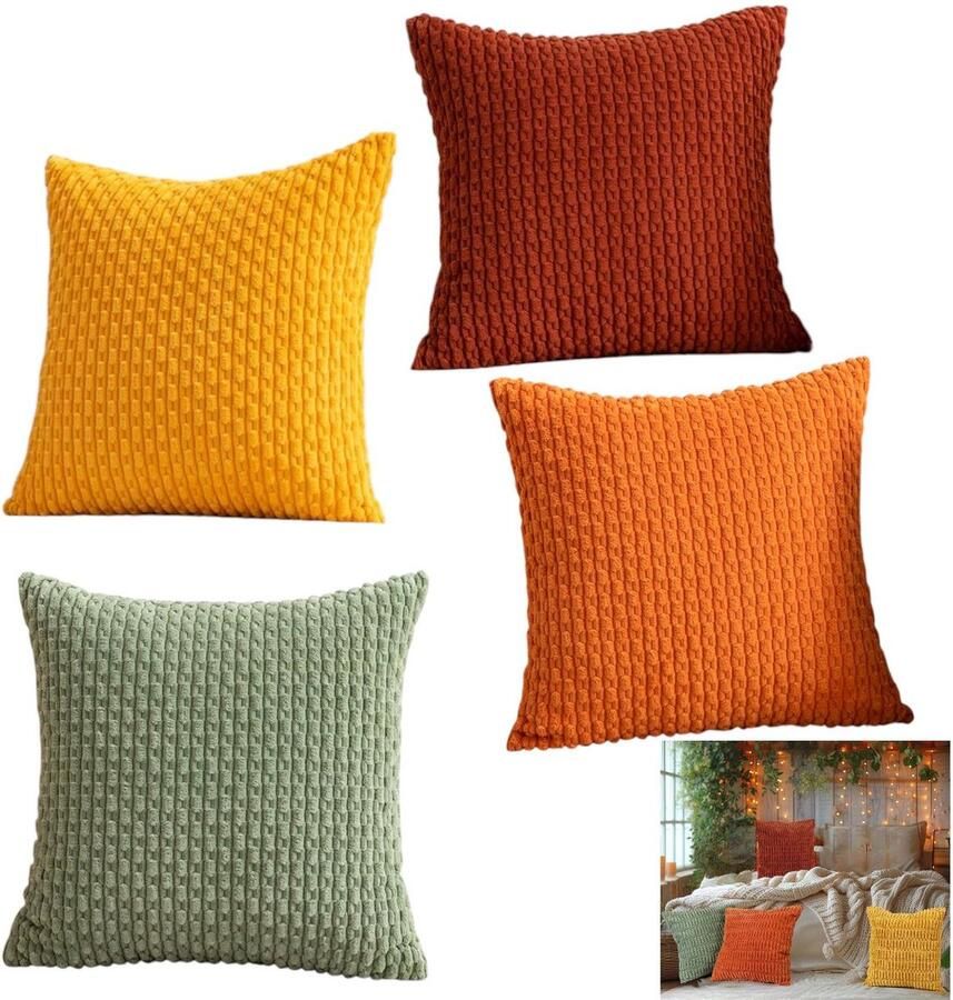 4 delige kussensloop voor kussens kussensloop voor de slaapkamer kussensloop van corduroy geschikt voor woonkamer bed bank slaapkamer (45*45cm geel + oranje + oranjebruin + grasgroen)