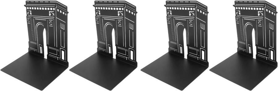 4-delige Metalen Boekensteunen Antislip Fraai en Uniek Design Draagbaar en Decoratief Zwart Triomfboog Motief Voor Bureau en Boekenkast