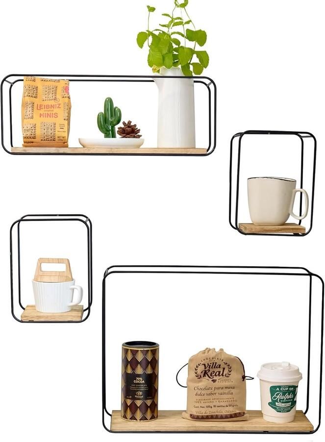HMTM Wandrek 4-delig hangplanken wandplanken metaal en met houten planken voor decoratie van woonkamer slaapkamer werkkamer keuken industriële stijl wanddecoratie rekken