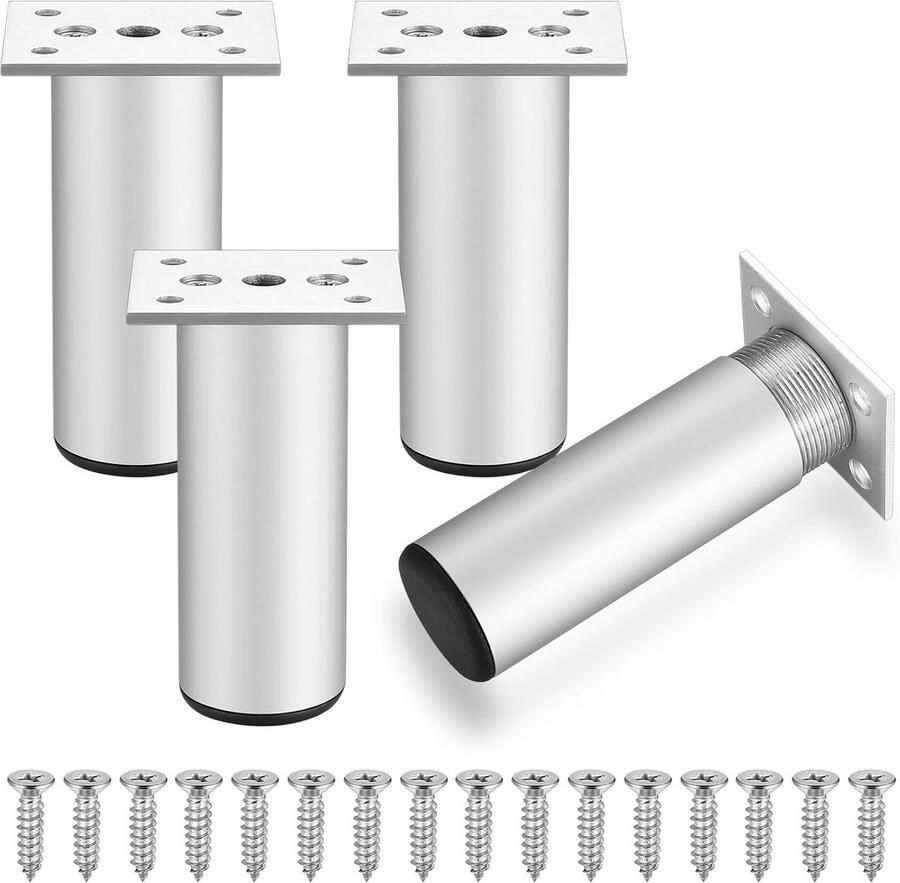 4-delige meubelpoten 10 cm meubelpoten tafelpoten metalen aluminiumlegering kastpoten meubelpoot voor bankkast keukenkasten met schroeven Meubelpoten 4 stuks Aluminium meubelpoten Rond 10 cm Zilver