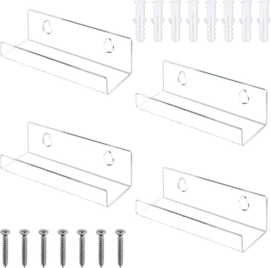 4-delige mini-wandplank transparante plank vinyl wandrek vinylplatenhouder boekenplank voor woonkamer badkamer slaapkamer (transparant)