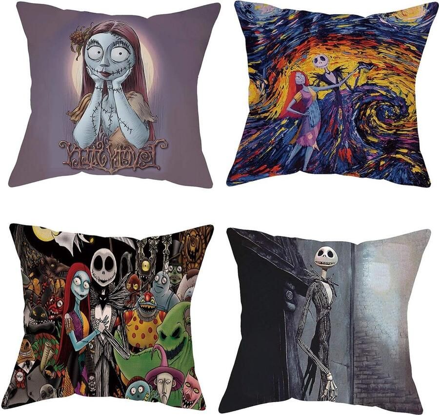 4-Delige Nightmare Before Christmas Gooien Kussenslopen Set Kerstmis Cadeaus 18x18 inch Vierkante Bank Kussenslopen