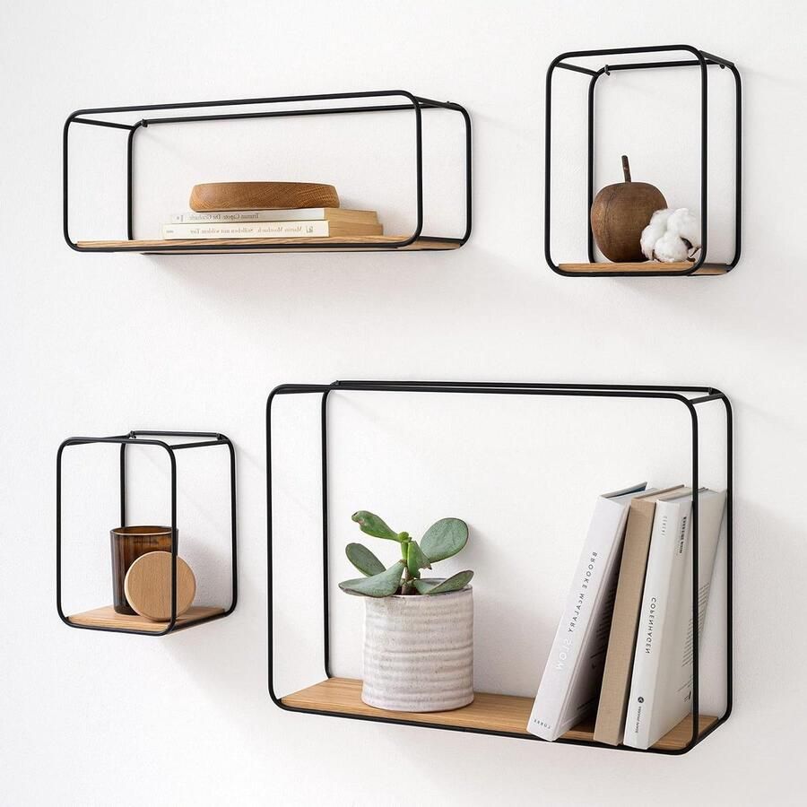 4-Delige Plankenunit van Metaal en Echt Houtfineer voor Wanddecoratie Opslag Eiken houten Wandplanken voor Badkamer Woonkamer Keuken Slaapkamer Wandplanken & -rekken