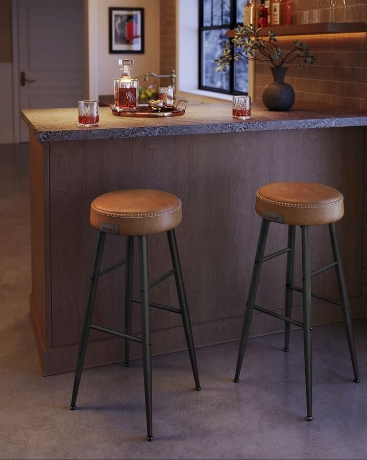 Rootz Living Rootz 4-delige set barstoelen keukenkrukken stoelen op toonbankhoogte stalen frame 49 5 cm x 49 5 cm x 63 cm karamelbruin PU-leer lichtgewicht stevig eenvoudige montage