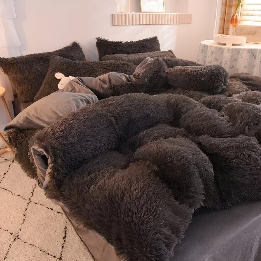 4-Delige Super Shaggy Koraal Fleece Warme Gezellige Prinses Beddengoed Set Nerts Fluwelen Dekbedovertrek Set Bed Dekbed Deken Kussensloop dekbedovertrek 200*230CM lakens 230*250CM kussensloop 48*74CM * 2 Dark Tuape