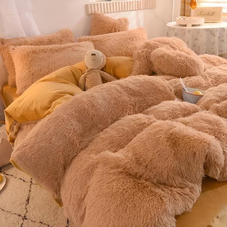 4 Delige Super Shaggy Koraal Fleece Warme Gezellige Prinses Beddengoed Set Nerts Fluwelen Dekbedovertrek Set Bed Dekbed Deken Kussensloop dekbedovertrek 220*240CM lakens 230*270CM kussensloop 48*74CM * 2 Camel