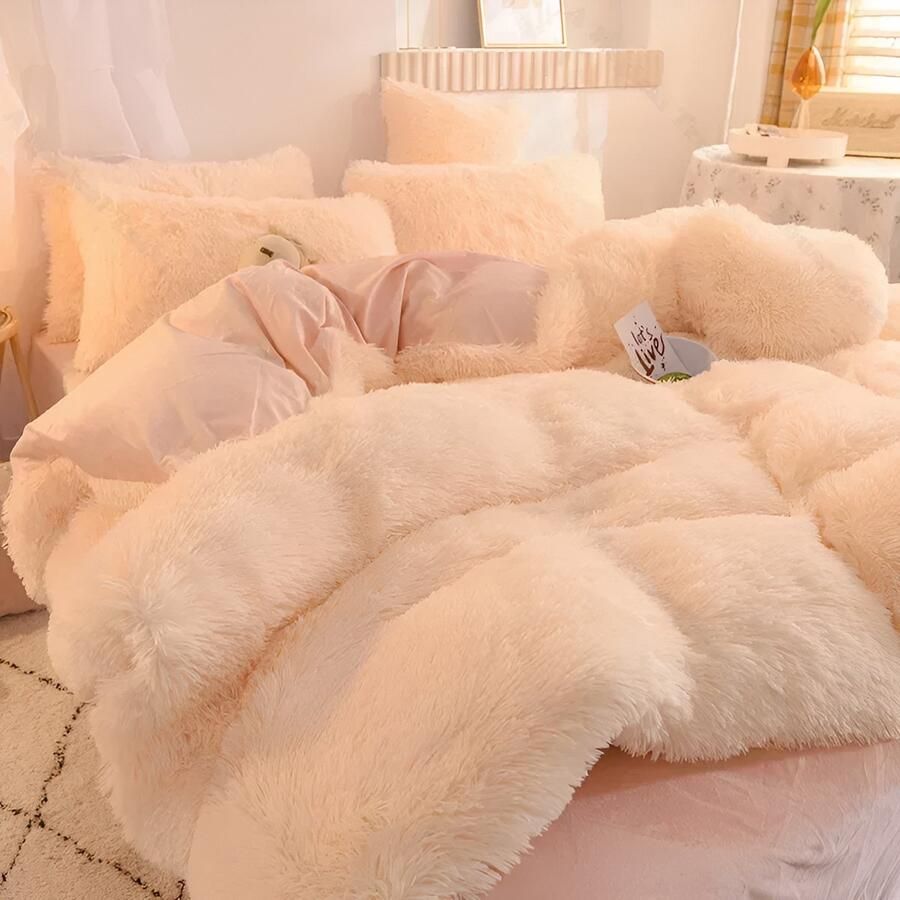 4-Delige Super Shaggy Koraal Fleece Warme Gezellige Prinses Beddengoed Set Nerts Fluwelen Dekbedovertrek Set Bed Dekbed Deken Kussensloop dekbedovertrek 200*230CM lakens 230*250CM kussensloop 48*74CM * 2 White