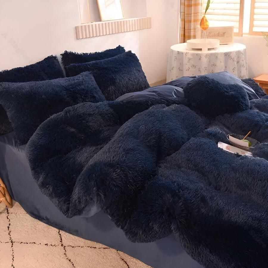 4-Delige Super Shaggy Koraal Fleece Warme Gezellige Prinses Beddengoed Set Nerts Fluwelen Dekbedovertrek Set Bed Dekbed Deken Kussensloop dekbedovertrek 220*240CM lakens 230*270CM kussensloop 48*74CM * 2 Deep Blue