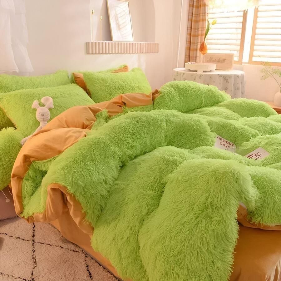 4-Delige Super Shaggy Koraal Fleece Warme Gezellige Prinses Beddengoed Set Nerts Fluwelen Dekbedovertrek Set Bed Dekbed Deken Kussensloop dekbedovertrek 200*230CM lakens 230*250CM kussensloop 48*74CM * 2 Green Camel