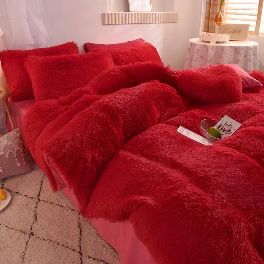 4-Delige Super Shaggy Koraal Fleece Warme Gezellige Prinses Beddengoed Set Nerts Fluwelen Dekbedovertrek Set Bed Dekbed Deken Kussensloop dekbedovertrek 200*230CM lakens 230*250CM kussensloop 48*74CM * 2 Red