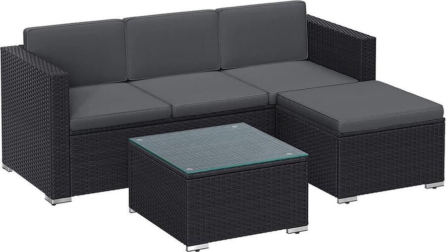 4-delige terrasmeubelset buitenbank voetenbank salontafel PE polyrotan VFT vulling 60cm x 173cm x 66cm
