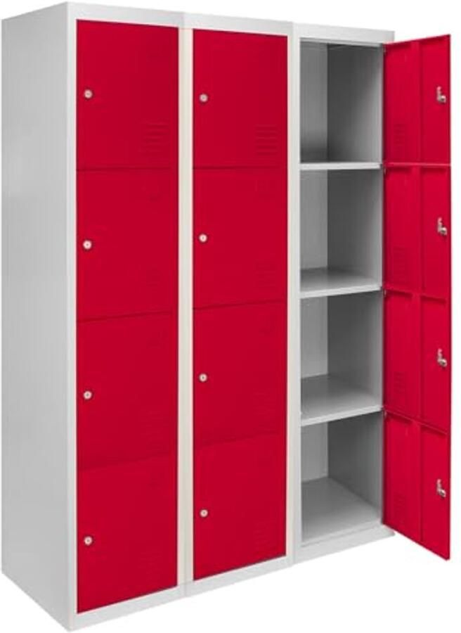 4-deurs metalen lockerkast Rood 180cm hoog Ventilatie Inclusief 2 sleutels en 2 magneten