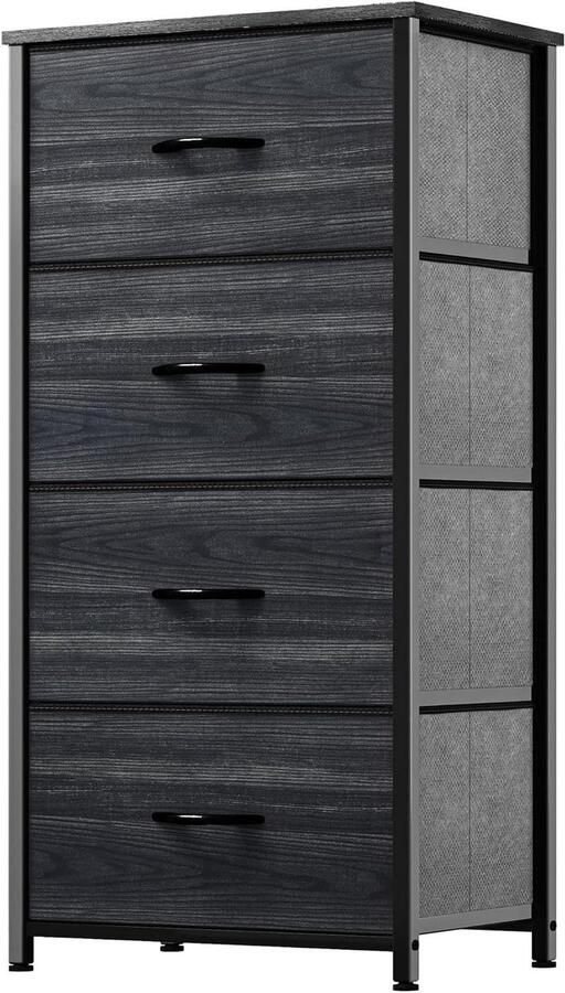 4 Drawer Fabric Dresser Storage Drawers with Handles Charcoal Black Wood Grain