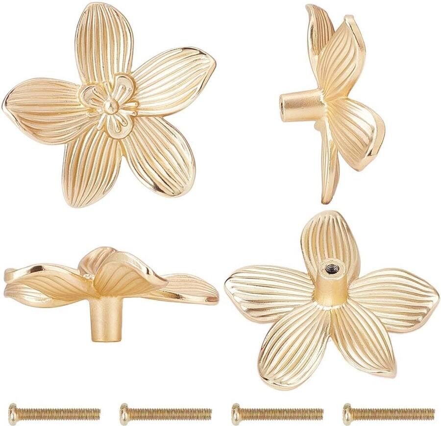 4 Gold Flower Shape Zinc Alloy Drawer Knobs with Creative Petals for Kitchen Cabinet Chest of Drawers Drawer Handles with Iron Screws for Bedroom Living Room