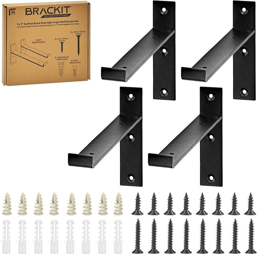4 haakse plankbeugels en bevestigingsset inclusief schroeven en pluggen 225 mm x 115 mm robuust rustiek zwart L-vormig frame