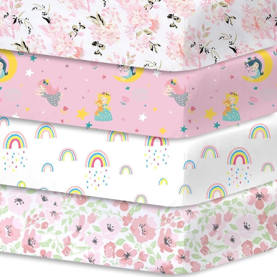 4 hoeslakens lakens bloemen regenboog print voor meisjes babybed kinderbed 70 x 140 cm Oeko-Tex