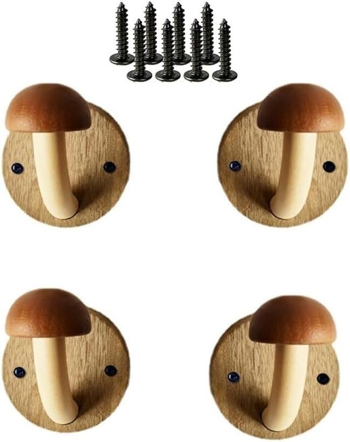 4 houten kapstokhaken in de vorm van een paddenstoel Kapstok in de vorm van een paddenstoel Handdoekhaken voor aan de muur Set van massief houten schroefhaken (4 haken en 8 schroeven) Bruin