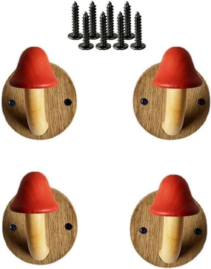 4 houten kapstokhaken in de vorm van een paddenstoel Kapstok in de vorm van een paddenstoel Handdoekhaken voor aan de muur Set van massief houten schroefhaken (4 haken en 8 schroeven) Rood