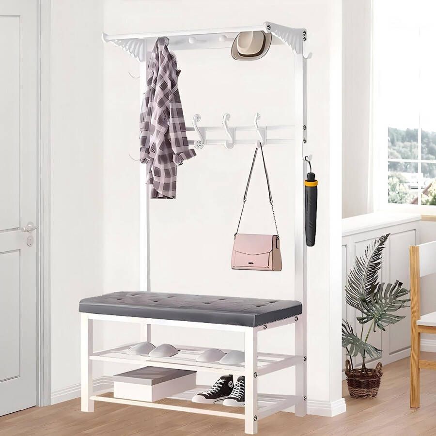 4-in-1 garderobe met zitbank kapstok met schoenenrek en 14 haken metalen garderobe met 2 planken kledingrek garderobe robuust voor hal en woonkamer 100 x 33 x 170 cm (80 cm wit grijs)