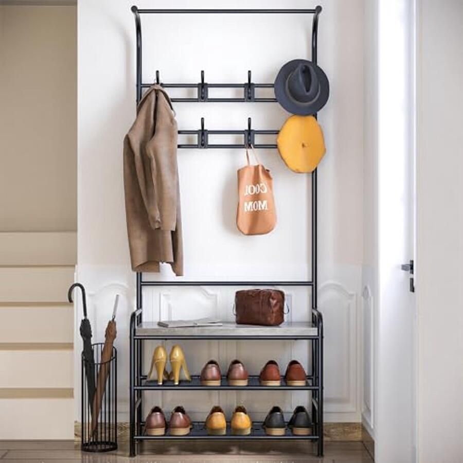 4-in-1 Hal Tree Schoenbank met Kapstok en Opbergplank Ruimtebesparende Oplossing voor Entree en Slaapkamer