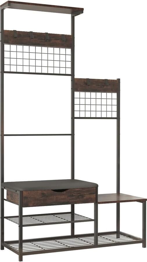 4-in-1 Halboom met Opberglade en Entreebank Industrieel Houten Meubilair met Stabiel Metalen Frame