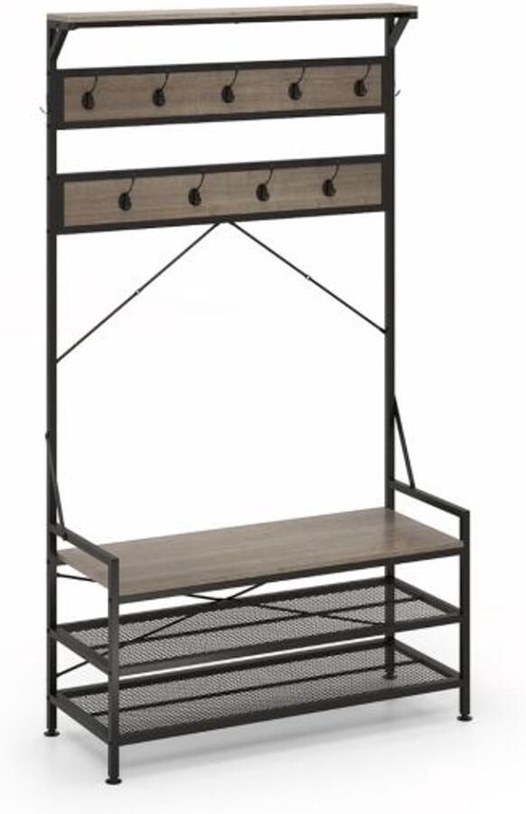 4-in-1 Kapstok met Schoenenbank 11 Haken 2-Laags Opbergrek en Metalen Frame (Rustiek Bruin Grijs)