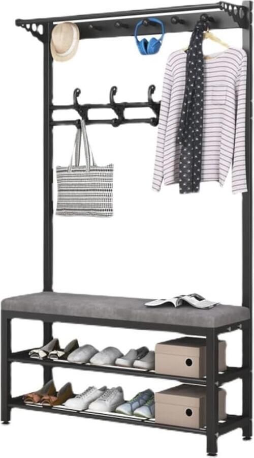 4-in-1 Kapstok met Schoenenrek en Bank Industriële Kledingstandaard voor Hal Woonkamer en Kantoor