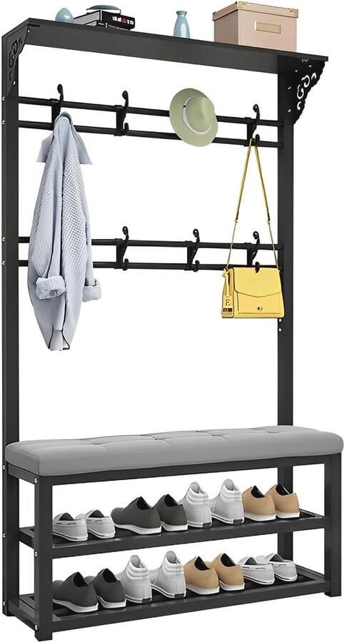 4-in-1 Kapstok met Zitbank en Schoenenrek Geschikt voor Gangen en Slaapkamers 8 Haken 80 100 x 30 x 172 cm
