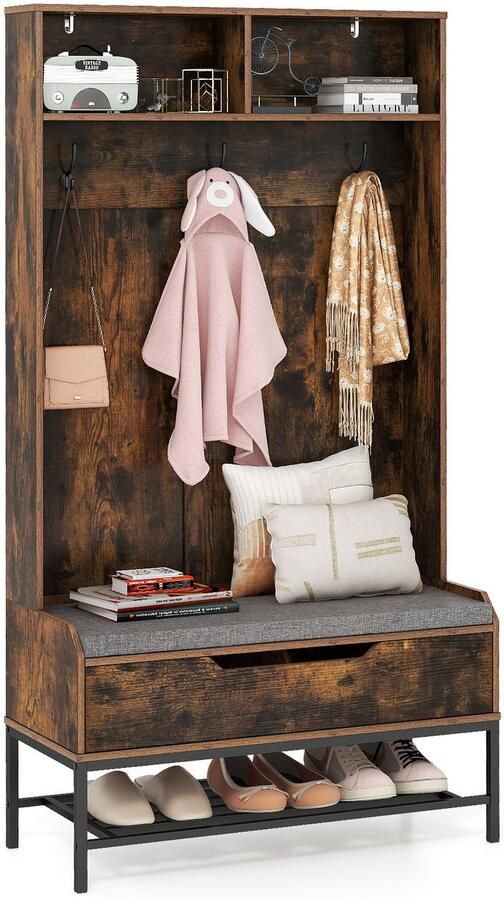 COSTWAY Kapstok met zitbank 4-in-1 garderobe met open vakken schoenenkast en 3 haken kledingstandaard met zitkussen halgarderobe voor ingang woonkamer 90 x 38 5 x 170 cm